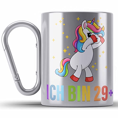 Trendation Ich Bin 29+ Edelstahl Tasse Karabiner Becher Einhorn 30. Geburtstag Sprüche Geschenkidee Frauen Männer (Silber) von Trendation