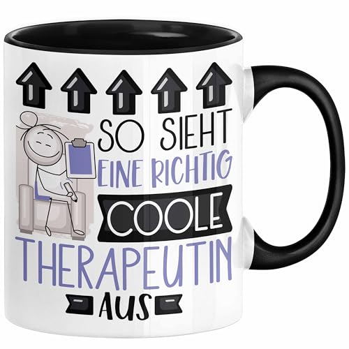 Therapeutin Geschenk Tasse Geschenkidee für Therapeutin Geburtstag Weihnachten Spruch So Sieht Eine Richtig Coole Therapeutin Aus Kaffee-Becher (Schwarz) von Trendation