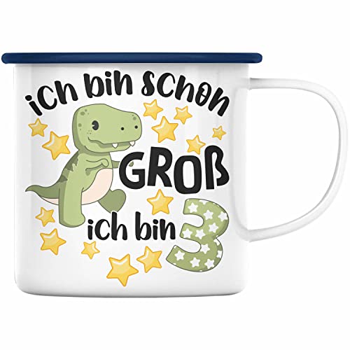 Trendation - 3. Geburtstag Emaille Tasse Jungs Jungen Geschenk 3 Jahre Alt 3 Dino für Jungs Dinosaurier Sohn (Blau) von Trendation