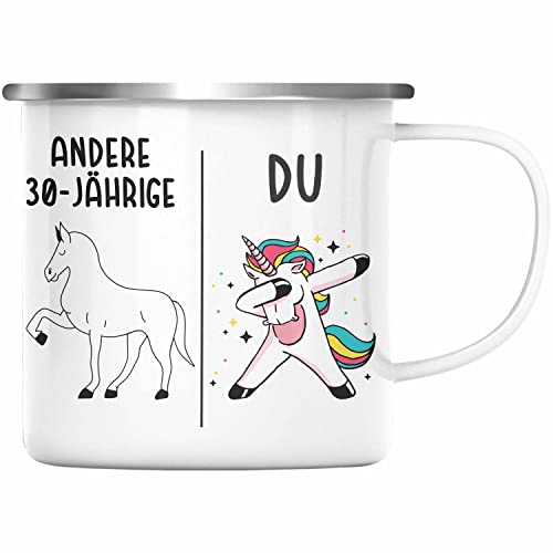 Trendation - 30. Geburtstag Frauen Emaille Tasse Einhorn Geschenk Geschenkidee 30er Geburtstag (Silber) von Trendation