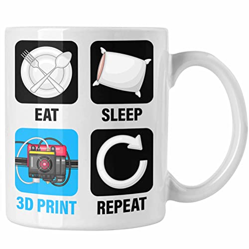 Trendation - 3D Drucker Tasse Geschenk für 3D Printing Eat Sleep 3D Print Repeat Männer (Weiß) von Trendation