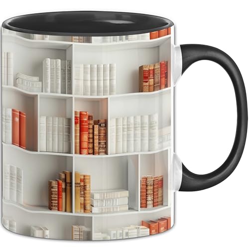 Trendation - 3D Tasse Bücherregal Bücherei Geschenkidee Geschenk Allover-Print Kaffee-Becher Geschenkidee Lesen Leseratte (Schwarz) von Trendation