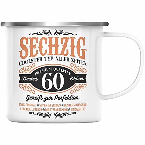 Trendation - 60. Geburtstag Emaille Tasse Mann Geschenk 60er Geschenkidee 60 Vater Männer Lustig Geschenke 60 Jahre Alt Mann Männer Vater (Silber) von Trendation