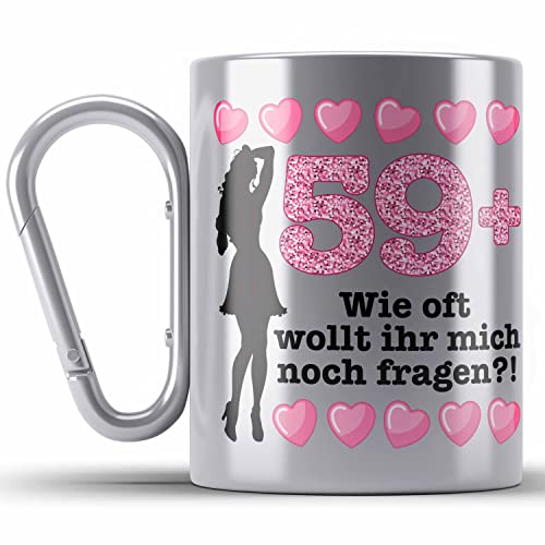 Trendation - 60. Geburtstag Frauen Edelstahl Tasse Karabiner Geschenk Geschenkidee 60er Geburtstag Spruch Perfektion Mama Mutter Lustiger Spruch Witzig 59+ (Silber) von Trendation