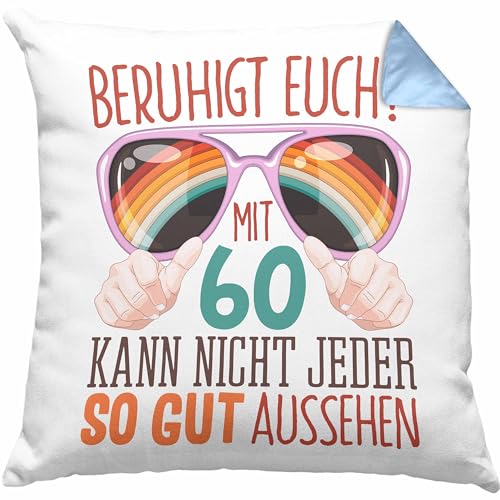 Trendation 60. Geburtstag Geschenk Frauen Männer Kissen mit Füllung 40x40 Lustiger Spruch Beruhigt Euch Nicht Jeder Kann mit 60 so Aussehen (Blau) von Trendation