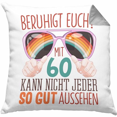 Trendation 60. Geburtstag Geschenk Frauen Männer Kissen mit Füllung 40x40 Lustiger Spruch Beruhigt Euch Nicht Jeder Kann mit 60 so Aussehen (Grau) von Trendation