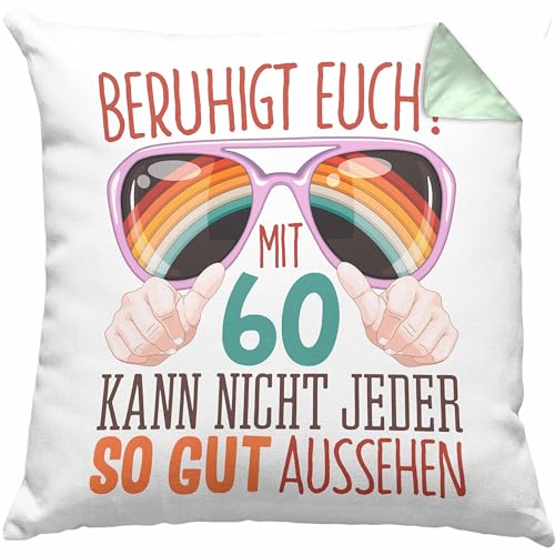 Trendation 60. Geburtstag Geschenk Frauen Männer Kissen mit Füllung 40x40 Lustiger Spruch Beruhigt Euch Nicht Jeder Kann mit 60 so Aussehen (Grün) von Trendation