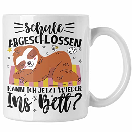 Trendation - Abi Tasse Geschenk Schule Abgeschlossen Kann Ich Jetzt Wieder Ins Bett Faultier Abitur Abschluss Geschenk (Weiß) von Trendation