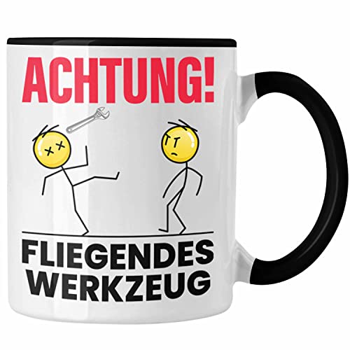 Trendation - Achtung Fliegendes Werkzeug Tasse Geschenk KFZ Mechaniker Mechatroniker Geschenkidee für Männer Handwerker (Schwarz) von Trendation