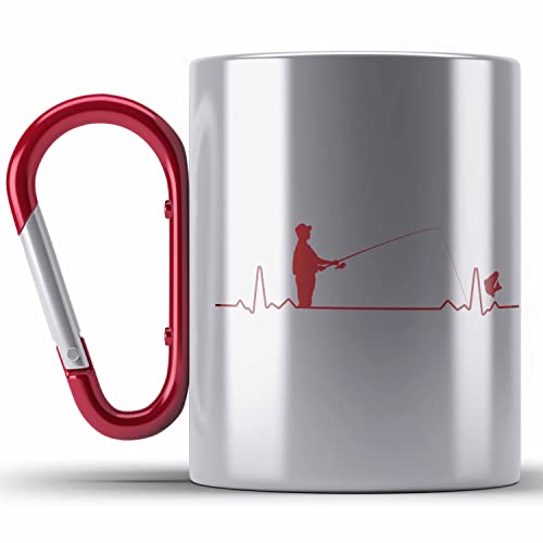 Trendation - Angler Edelstahl Tasse Karabiner Geschenk Männer Grafik Herzschlag Lustig für Fischer Geschenkidee Angeln Fischen (Rot) von Trendation