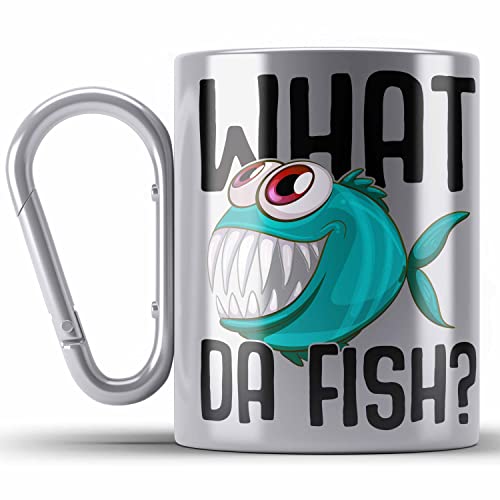 Trendation - Angler Fischer Edelstahl Tasse Karabiner Geschenk Raubfische Hobbyangler Hecht Forelle Barsch Angeln Karabiner Edelstahl Tasse Karabiner Edelstahl Zubehör (Silber) von Trendation
