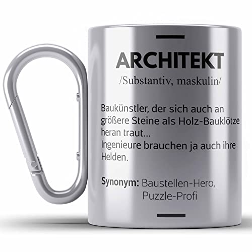 Trendation - Architekt Geschenke Edelstahl Tasse Karabiner Lustig Karabiner Edelstahl Tasse Karabiner Edelstahl mit Spruch Architektur Architekten Geschenkidee Spruch (Silber) von Trendation