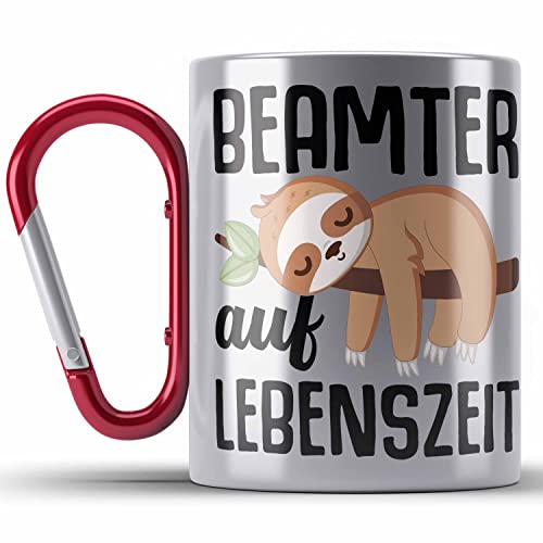 Trendation - Beamter Auf Lebenszeit Edelstahl Tasse Karabiner Geschenk für Beamte Verbeamtet Lehrer Polizist Lustiger Spruch Faultier (Rot) von Trendation