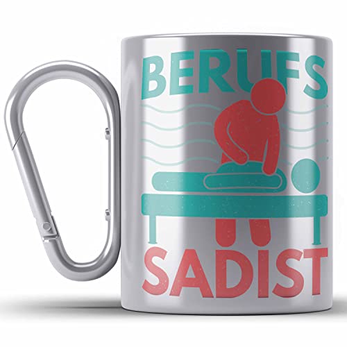 Trendation - Berufs Sadist Physiotherapeut Geschenk Physiotherapie Lustig Edelstahl Tasse Karabiner Spruch (Silber) von Trendation