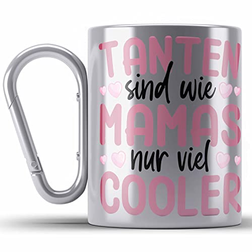 Trendation - Beste Tante Geschenk Edelstahl Tasse Karabiner Lustig Spruch Beste Tante der Welt Geschenkidee von Nichte Tanten Sind Wie Mamas Nur Viel Cooler (Silber) von Trendation