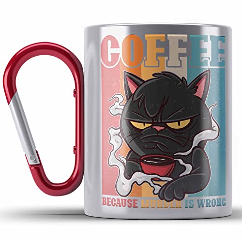 Trendation - Coffee Because Murder Is Wrong Edelstahl Tasse Karabiner Geschenk Katzen Damen Geschenkidee Vintage Sarkasmus (Rot) von Trendation