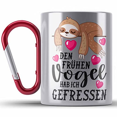 Trendation - Der Frühe Vogel Edelstahl Tasse Karabiner mit Spruch Geschenk Kollegin Kollege Frau Karabiner Edelstahl Tasse Karabiner Edelstahl Büro Faultier (Rot) von Trendation