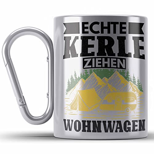 Trendation - Echte Kerle Ziehen Wohnwagen Wohnmobil Edelstahl Tasse Karabiner Geschenk Camper Wohnmobilfahrer Geschenkidee Lustig (Silber) von Trendation