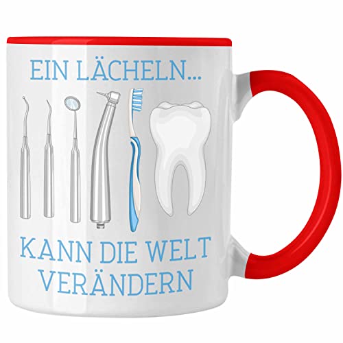 Trendation - Ein Lächeln Kann Die Welt Verändern Tasse Geschenk für Zahnarzt Zahnärztin Lustiger Spruch Geschenkidee Weihnachten Geburtstag (Rot) von Trendation