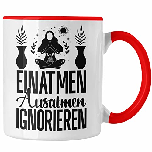 Trendation - Einatmen Ausatmen Ignorieren Tasse Geschenk Humor Yoga Sarkasmus Geschenkidee (Rot) von Trendation