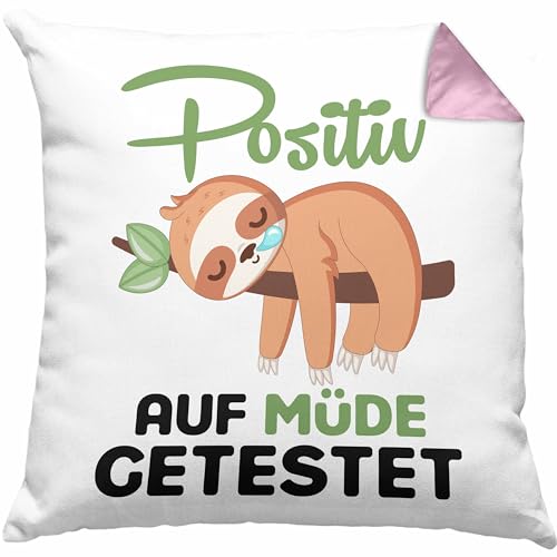 Trendation - Faultier Kissen Positiv Auf Müde Getestet Lustiges Dekokissen mit Füllung 40x40 cm Geburtstag Kinder Frauen Männer (Rosa) von Trendation