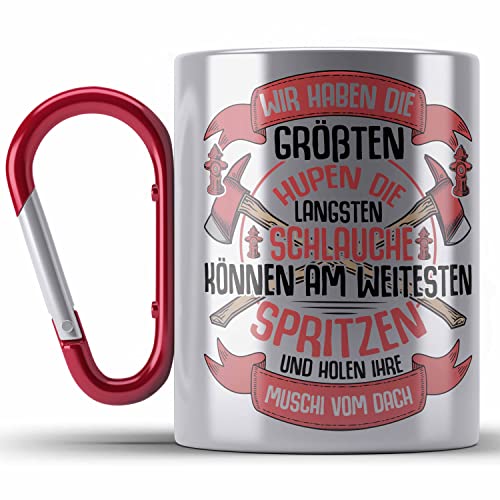 Trendation - Feuerwehr Edelstahl Tasse Karabiner Geschenke Zubehör Lustig Einsatz Geburtstag Spruch Wir haben Die Größten Hupen (Rot) von Trendation