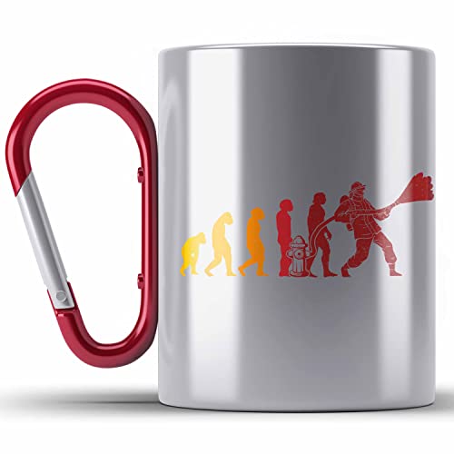 Trendation - Feuerwehr Geschenk Edelstahl Tasse Karabiner Feuerwehrmann Vater Vatertag Spruch Evolution (Rot) von Trendation