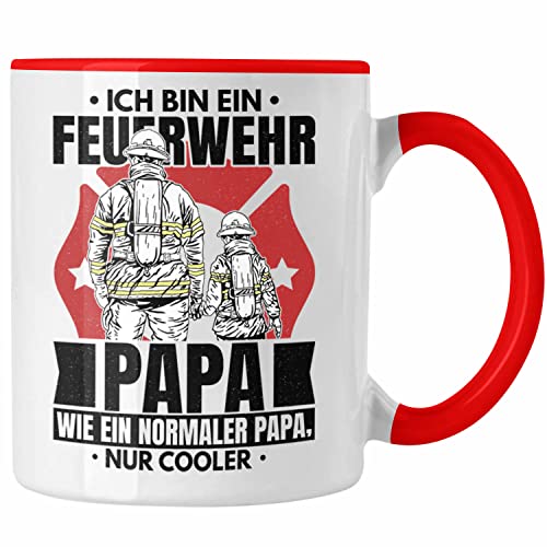 Trendation - Feuerwehr Papa Geschenk Tasse Feuerwehrmann Vater Vatertag Spruch Wie Ein Normaler Papa Nur Cooler (Rot) von Trendation