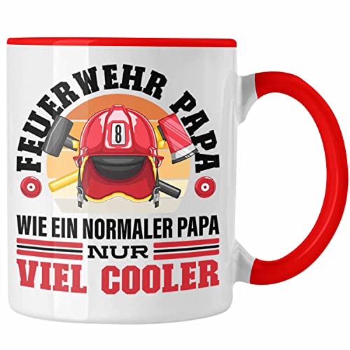 Trendation - Feuerwehr Papa Tasse Geschenk Feuerwehrmann Lustiger Spruch Vatertag (Rot) von Trendation