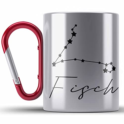 Trendation - Fisch Sternzeichen Edelstahl Tasse Karabiner Geschenk Horoskop Tierkreiszeichen ( Rot ) von Trendation