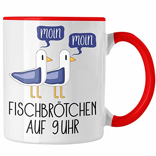 Trendation - Fischbrötchen auf 9 Uhr Tasse Moin Moin Geschenk Nordsee Norderney Sylt Ferhmarn Spruch Möwen (Rot) von Trendation