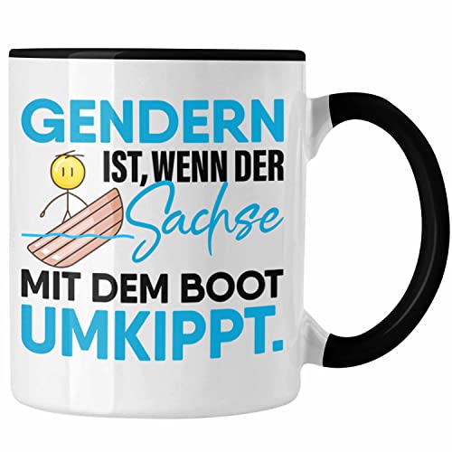 Trendation - Gendern Spruch Tasse Geschenk Humor Sachse Mit Dem Boot Umkippt Fun Witzige Sprüche (Schwarz) von Trendation