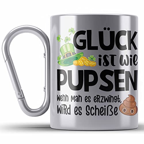 Trendation - Glück Ist Wie Pupsen Edelstahl Tasse Karabinern Edelstahl Tasse Karabiner Becher Karabiner Edelstahl Tasse Karabiner Edelstahl Lustig Spruch Geschenk Frauen Männer (Silber) von Trendation