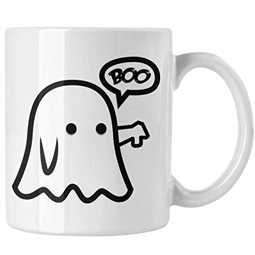 Trendation - Halloween Tasse Kürbis Dekoration Becher Boo Geist Daumen Runter (Weiß) von Trendation