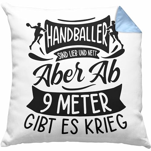 Trendation Handball Geschenk Kissen mit Füllung 40x40 Geschenkidee Handball-Spieler Handballspielerin Mädchen Jungs Ab 9 Meter Gibt Es Krieg (Blau) von Trendation