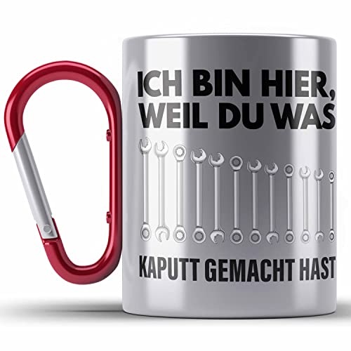 Trendation - Handwerker KFZ Mechaniker Geschenk Lustig Edelstahl Tasse Karabiner Automechaniker Werkstatt Edelstahl Tasse Karabiner Hausmeister (Rot) von Trendation