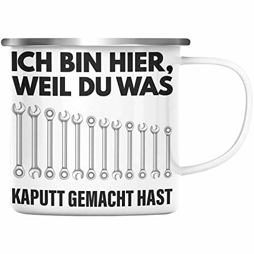 Trendation - Handwerker KFZ Mechaniker Geschenk Lustig Emaille Tasse Automechaniker Werkstatt Emaille Tasse Hausmeister (Silber) von Trendation