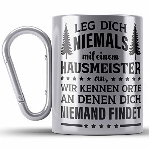 Trendation - Hausmeister Edelstahl Tasse Karabiner Lustige Sprüche Geschenke Lustig Spruch Haustechniker (Silber) von Trendation