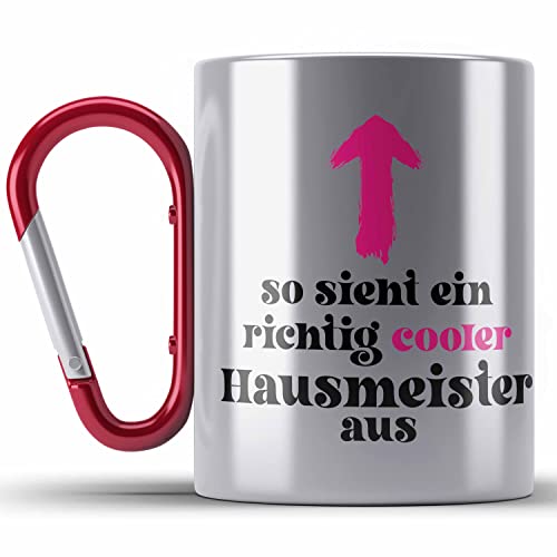 Trendation - Hausmeister Edelstahl Tasse Karabiner Lustiges Geschenke Lustig Spruch Haustechniker ( Rot ) von Trendation