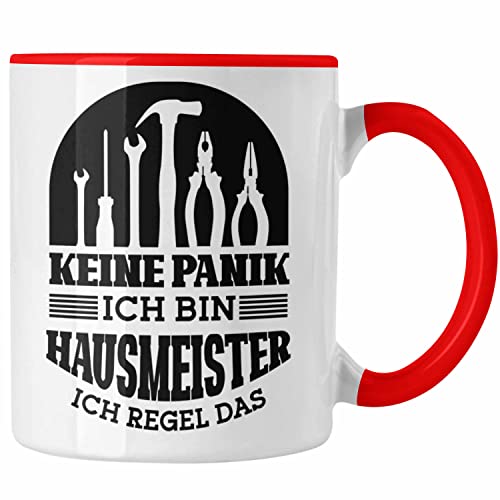 Trendation - Hausmeister Tasse Geschenk Lustiger Spruch Geschenkidee für Hausmeisterin Keine Panik Ich Bin Hausmeister Und Regel Das (Rot) von Trendation