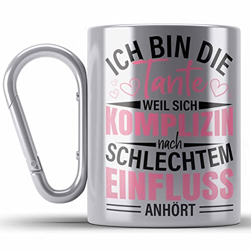 Trendation - Ich Bin Die Tante Edelstahl Tasse Karabiner Geschenk Schlechter Einfluss Geschenkidee Tante Spruch Lustig (Silber) von Trendation