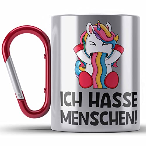 Trendation - Ich Hasse Menschen Edelstahl Tasse Karabinern Edelstahl Tasse Karabiner Becher Karabiner Edelstahl Tasse Karabiner Edelstahl Einhorn Lustig Spruch Geschenk Frauen Männer (Rot) von Trendation