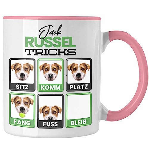 Trendation - Jack Russel Besitzer Tasse Geschenk Lustiger Spruch Geschenkidee Jack Russel Tricks Bleib (Rosa) von Trendation