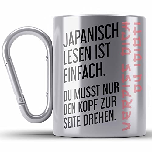 Trendation - Japanisch Lesen Ist Einfach Edelstahl Tasse Karabiner Geschenk Ironie Sarkasmus Spruch Becher (Silber) von Trendation