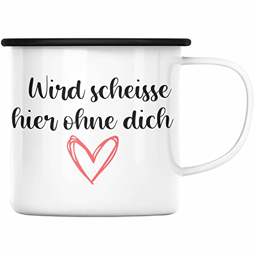 Trendation - Jobwechsel Emaille Tasse Geschenk Kollegin Kollege Lustig Abschiedsgeschenk Sprüche - Wird Scheisse Hier Ohne Dich (Schwarz) von Trendation