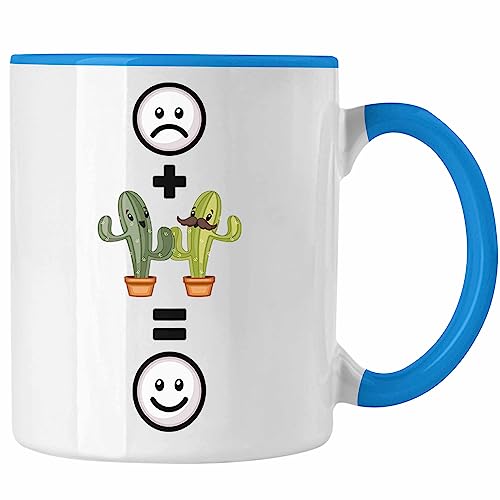 Trendation - Kaktus Tasse Geschenk für Kaktus-Liebhaber Lustige Geschenkidee :(+ Kaktus = :) (Blau) von Trendation