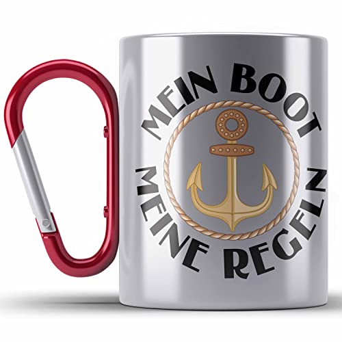 Trendation - Kapitän Edelstahl Tasse Karabiner Geschenk Käptn Lustiger Spruch Bootsfahrer Sportboot Herren Segler Segeln Motoboot Lustig (Rot) von Trendation