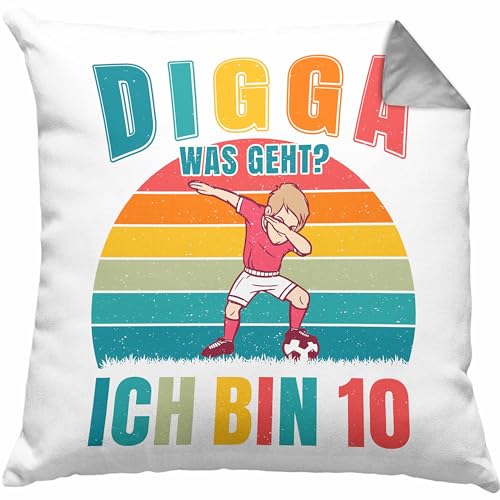 Trendation - Kinder Fussball Geburtstag 10. Geburtstagsgeschenk Kissen 10 Jahre Jungs Jungen Dekokissen mit Füllung 40x40 (Grau) von Trendation