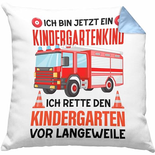 Trendation - Kindergartenkind Kissen Geschenk für Ich Bin Jetzt Kindergartenkind Geschenkidee Spruch Jungs Feuerwehr Dekokissen mit Füllung 40x40 (Blau) von Trendation