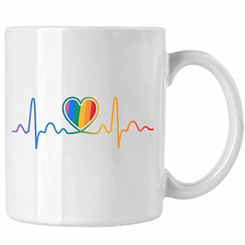 Trendation - LGBT Tasse Geschenk für Schwule Lesben Transgender Regenbogen Herzschlag Lustige Grafik Regenbogen (Weiß) von Trendation